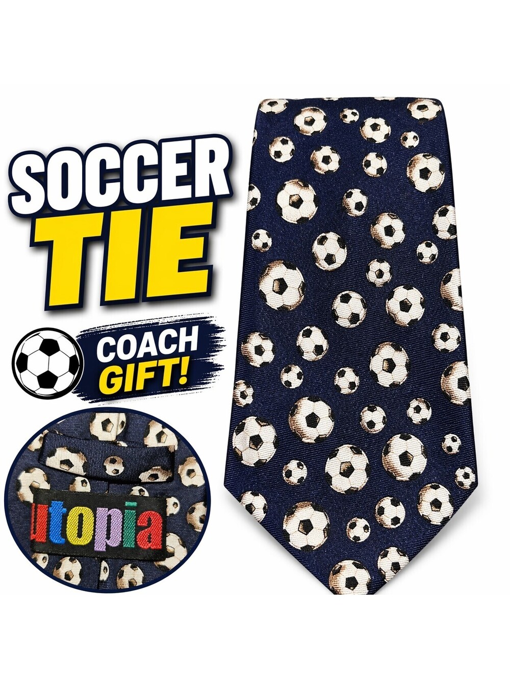 Itopia Soccer Ball Neck Tie Navy Blue Novelty Sports Tie Fun Teacher Coach Gift